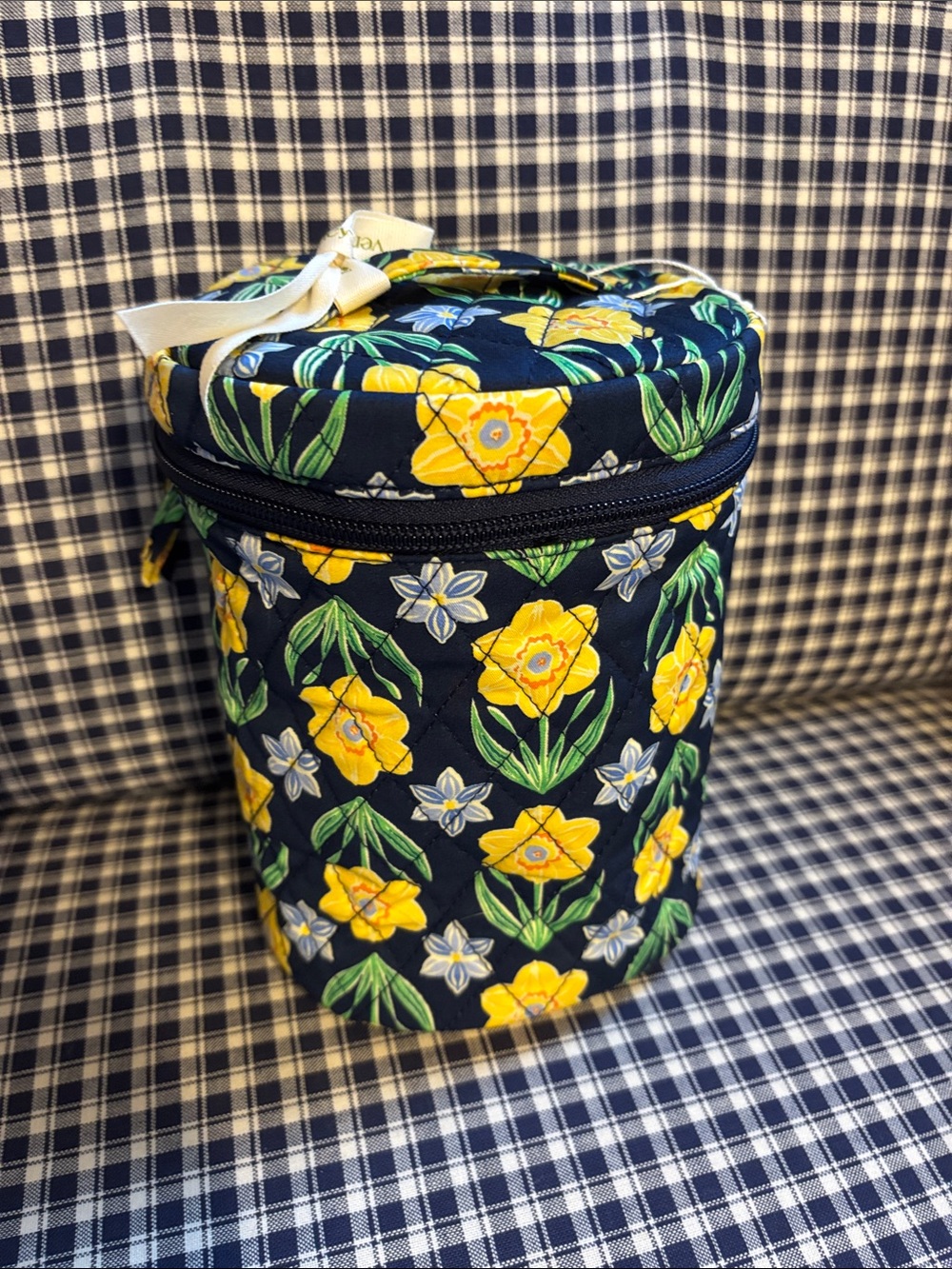 Vera Bradley Quilted Cylinder Cosmetic Case - Navy with Yellow Floral